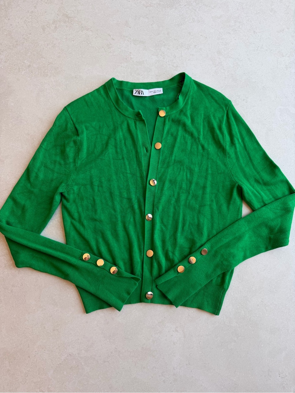 Zara size small Emerald Green Crewneck Cardigan with Gold Buttons
